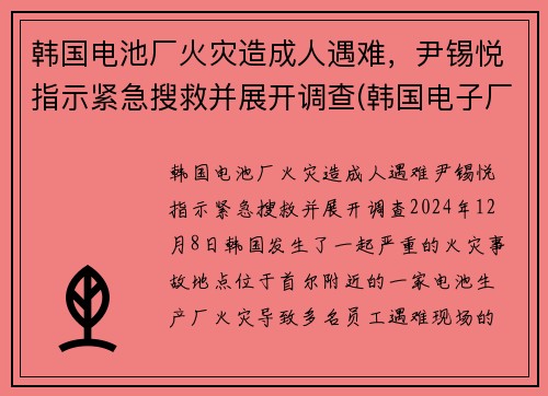 韩国电池厂火灾造成人遇难，尹锡悦指示紧急搜救并展开调查(韩国电子厂火灾)