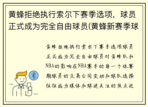 黄蜂拒绝执行索尔下赛季选项，球员正式成为完全自由球员(黄蜂新赛季球衣)