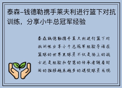 泰森-钱德勒携手莱夫利进行篮下对抗训练，分享小牛总冠军经验