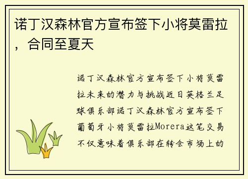 诺丁汉森林官方宣布签下小将莫雷拉，合同至夏天
