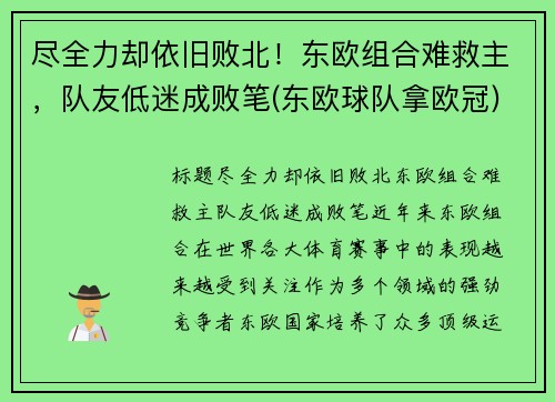 尽全力却依旧败北！东欧组合难救主，队友低迷成败笔(东欧球队拿欧冠)
