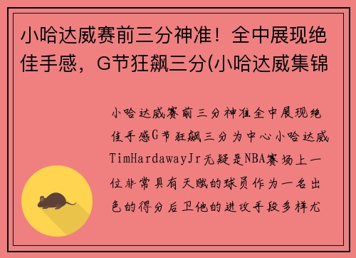 小哈达威赛前三分神准！全中展现绝佳手感，G节狂飙三分(小哈达威集锦)