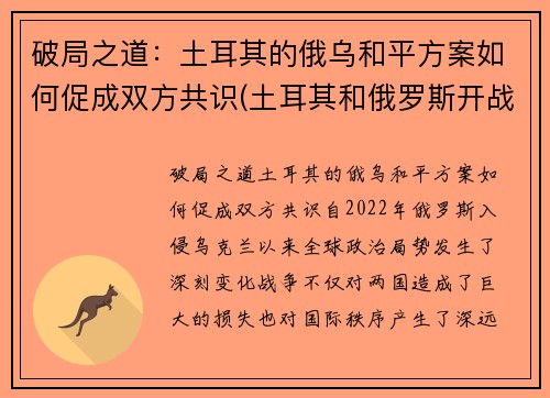 破局之道：土耳其的俄乌和平方案如何促成双方共识(土耳其和俄罗斯开战)