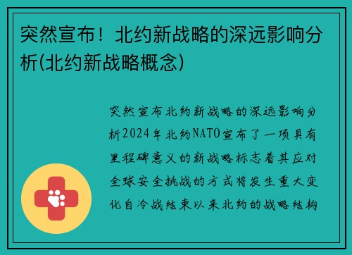 突然宣布！北约新战略的深远影响分析(北约新战略概念)