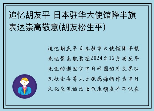 追忆胡友平 日本驻华大使馆降半旗 表达崇高敬意(胡友松生平)