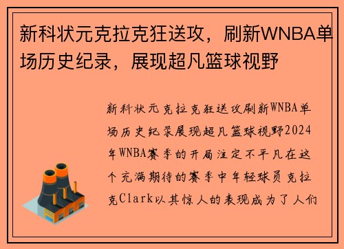 新科状元克拉克狂送攻，刷新WNBA单场历史纪录，展现超凡篮球视野
